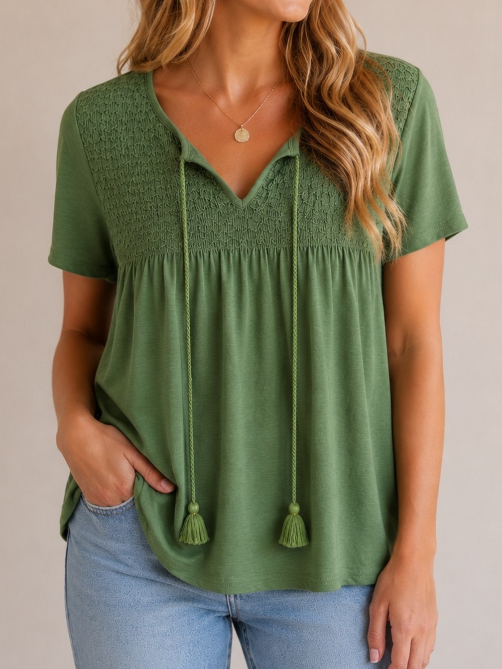 Green Smocked Yoke Top